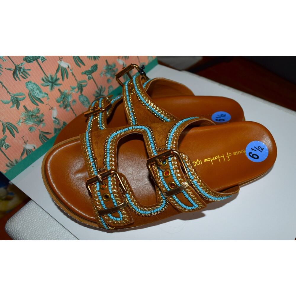 House of Harlow Women’s Tan Blue Leather Beaded Buckle Slide Sandals US 6.5 - Picture 3 of 5